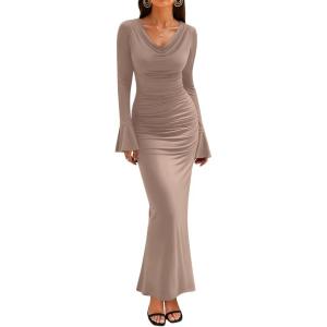 imageZESICA Womens 2025 Fall Long Sleeve Ruched Knit Bodycon Maxi Dress Cowl Neck Back Slit Formal Wedding Guest Cocktail DressesKhaki