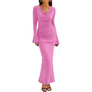 imageZESICA Womens 2025 Fall Long Sleeve Ruched Knit Bodycon Maxi Dress Cowl Neck Back Slit Formal Wedding Guest Cocktail DressesPink