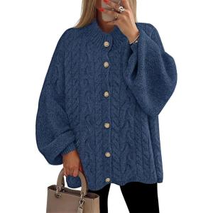 imageZESICA Womens Button Down Cardigan Sweaters 2025 Fall Lantern Long Sleeve Mock Neck Chunky Knit Outerwear CoatDarkblue
