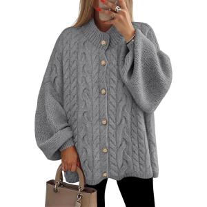 imageZESICA Womens Button Down Cardigan Sweaters 2025 Fall Lantern Long Sleeve Mock Neck Chunky Knit Outerwear CoatGray