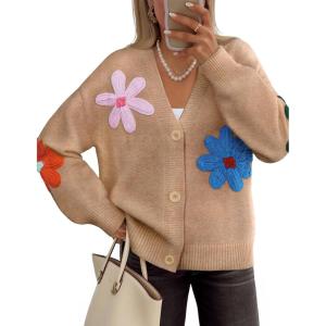 imageZESICA Womens Fall Floral Cardigan Sweaters 2025 Casual Long Sleeve Open Front Button Down V Neck Knit SweaterKhaki