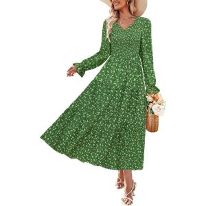 imageZESICA Womens Fall Long Sleeve Floral Boho Dress 2025 Casual V Neck ALine Flowy Wedding Guest Maxi DressesGreen