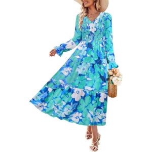 imageZESICA Womens Fall Long Sleeve Floral Boho Dress 2025 Casual V Neck ALine Flowy Wedding Guest Maxi DressesLake Blue