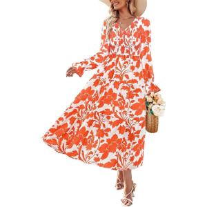 imageZESICA Womens Fall Long Sleeve Floral Boho Dress 2025 Casual V Neck ALine Flowy Wedding Guest Maxi DressesOrange
