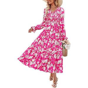 imageZESICA Womens Fall Long Sleeve Floral Boho Dress 2025 Casual V Neck ALine Flowy Wedding Guest Maxi DressesRose