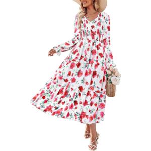 imageZESICA Womens Fall Long Sleeve Floral Boho Dress 2025 Casual V Neck ALine Flowy Wedding Guest Maxi DressesWhite