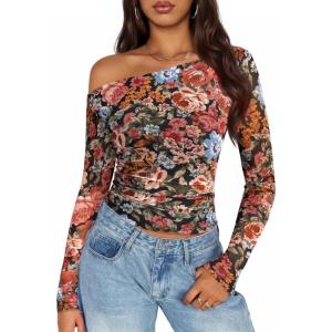 imageZESICA Womens Floral Off Shoulder Long Sleeve Tops 2025 Fall Mesh Ruched Fitted Trendy Going Out Shirts BlousesMulticolour