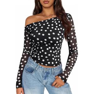 imageZESICA Womens Floral Off Shoulder Long Sleeve Tops 2025 Fall Mesh Ruched Fitted Trendy Going Out Shirts BlousesPointblack