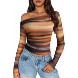 imageZESICA Womens Floral Off Shoulder Long Sleeve Tops 2025 Fall Mesh Ruched Fitted Trendy Going Out Shirts BlousesRosebrown