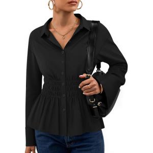 imageZESICA Womens Long Sleeve Button Down Cotton Shirts 2025 Fall Business Casual Collared Blouse Work Office Dressy TopsBlack