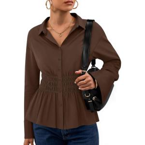 imageZESICA Womens Long Sleeve Button Down Cotton Shirts 2025 Fall Business Casual Collared Blouse Work Office Dressy TopsBrown