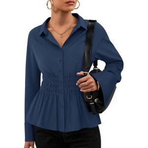 imageZESICA Womens Long Sleeve Button Down Cotton Shirts 2025 Fall Business Casual Collared Blouse Work Office Dressy TopsNavy