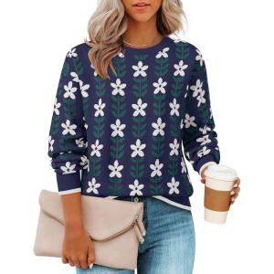 imageZESICA Womens Long Sleeve Crewneck Sweater 2025 Fall Printed Cute Oversized Knitted Pullover Tops Trendy ClothesNavy