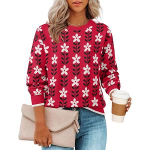 imageZESICA Womens Long Sleeve Crewneck Sweater 2025 Fall Printed Cute Oversized Knitted Pullover Tops Trendy ClothesRed