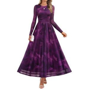 imageZESICA Womens Maxi Dress 2025 Fall Long Sleeve Crewneck Floral Print Mesh Ruched Party Wedding Guest DressesPurple