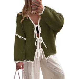 imageZESICA Womens Tie Front Bow Cardigan Sweaters 2025 Casual Long Sleeve Knit Color Block Fall Winter Clothing CoatsArmygreen