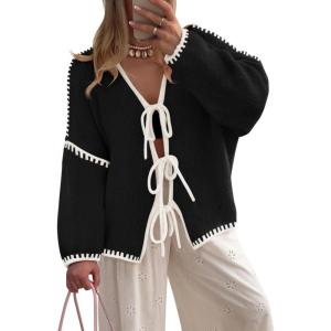 imageZESICA Womens Tie Front Bow Cardigan Sweaters 2025 Casual Long Sleeve Knit Color Block Fall Winter Clothing CoatsBlack