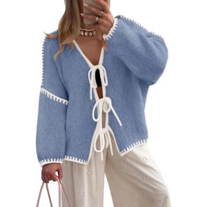 imageZESICA Womens Tie Front Bow Cardigan Sweaters 2025 Casual Long Sleeve Knit Color Block Fall Winter Clothing CoatsBlue