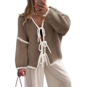 imageZESICA Womens Tie Front Bow Cardigan Sweaters 2025 Casual Long Sleeve Knit Color Block Fall Winter Clothing CoatsCamel