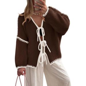 imageZESICA Womens Tie Front Bow Cardigan Sweaters 2025 Casual Long Sleeve Knit Color Block Fall Winter Clothing CoatsCaramel