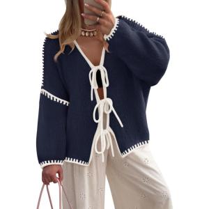 imageZESICA Womens Tie Front Bow Cardigan Sweaters 2025 Casual Long Sleeve Knit Color Block Fall Winter Clothing CoatsNavy