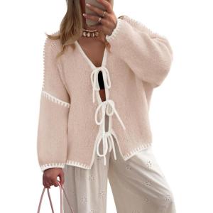 imageZESICA Womens Tie Front Bow Cardigan Sweaters 2025 Casual Long Sleeve Knit Color Block Fall Winter Clothing CoatsOats