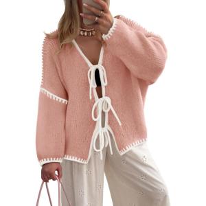 imageZESICA Womens Tie Front Bow Cardigan Sweaters 2025 Casual Long Sleeve Knit Color Block Fall Winter Clothing CoatsPink