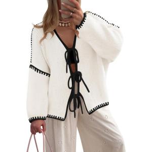 imageZESICA Womens Tie Front Bow Cardigan Sweaters 2025 Casual Long Sleeve Knit Color Block Fall Winter Clothing CoatsWhite