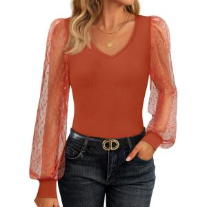imageZESICA Womens Tops V Neck Ribbed Knit Polka Dot Mesh Long Sleeve Shirts Fall Fashion Business Casual Outfits Dressy BlousesCaramel