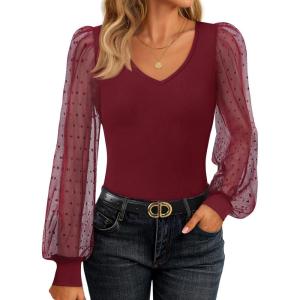 imageZESICA Womens Tops V Neck Ribbed Knit Polka Dot Mesh Long Sleeve Shirts Fall Fashion Business Casual Outfits Dressy BlousesWine Red