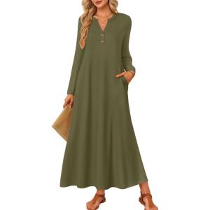 imageZESICA Fall Long Sleeve Dressy Casual Maxi Dresses for Women 2025 Elegant Classy V Neck Flowy Tshirt Dress with Pockets Army Green M