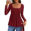 imageZESICA Womens 2025 Fall Long Sleeve Square Neck Tops Henley Babydoll Peplum T Shirt Slim Fit Button BlouseWine
