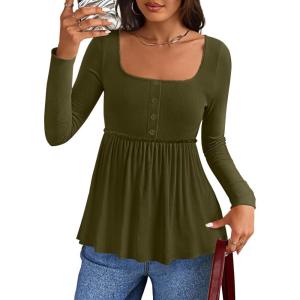 imageZESICA Womens 2025 Fall Long Sleeve Square Neck Tops Henley Babydoll Peplum T Shirt Slim Fit Button BlouseArmygreen
