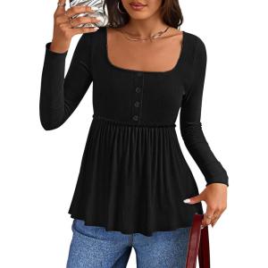 imageZESICA Womens 2025 Fall Long Sleeve Square Neck Tops Henley Babydoll Peplum T Shirt Slim Fit Button BlouseBlack