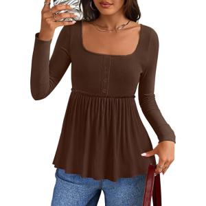 imageZESICA Womens 2025 Fall Long Sleeve Square Neck Tops Henley Babydoll Peplum T Shirt Slim Fit Button BlouseBrown