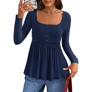 imageZESICA Womens 2025 Fall Long Sleeve Square Neck Tops Henley Babydoll Peplum T Shirt Slim Fit Button BlouseNavy