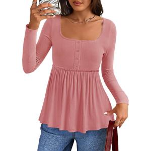 imageZESICA Womens 2025 Fall Long Sleeve Square Neck Tops Henley Babydoll Peplum T Shirt Slim Fit Button BlousePink