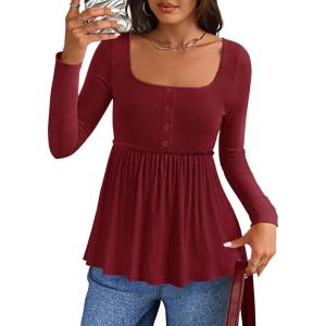 imageZESICA Womens 2025 Fall Long Sleeve Square Neck Tops Henley Babydoll Peplum T Shirt Slim Fit Button BlouseWine