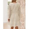 imageZESICA Womens 2025 Long Sleeve Mini Dress Fall V Neck Hollow Out Eyelet Embroidery Ruffle A Line Swing Short DressesApricot