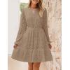 imageZESICA Womens 2025 Long Sleeve Mini Dress Fall V Neck Hollow Out Eyelet Embroidery Ruffle A Line Swing Short DressesKhaki