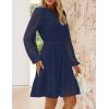 imageZESICA Womens 2025 Long Sleeve Mini Dress Fall V Neck Hollow Out Eyelet Embroidery Ruffle A Line Swing Short DressesNavy