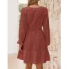 imageZESICA Womens 2025 Long Sleeve Mini Dress Fall V Neck Hollow Out Eyelet Embroidery Ruffle A Line Swing Short DressesRust