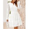 imageZESICA Womens 2025 Long Sleeve Mini Dress Fall V Neck Hollow Out Eyelet Embroidery Ruffle A Line Swing Short DressesWhite