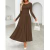 imageZESICA Womens Elegant Long Sleeve Maxi Dress 2025 Fall Crewneck Knit High Wasit Pleated Flowy A Line Casual Party DressesBrown