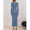imageZESICA Womens Fall Long Sleeve Bodycon Maxi Dresses 2025 Casual Square Neck Ruched Back Slit Cocktail Party DressDark Blue