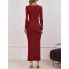imageZESICA Womens Fall Long Sleeve Bodycon Maxi Dresses 2025 Casual Square Neck Ruched Back Slit Cocktail Party DressRed