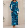 imageZESICA Womens Long Sleeve Floral Bodycon Dresses 2025 Fall Fashion Mesh Ruffle Mermaid Wedding Guest Party Maxi DressBlue