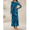 imageZESICA Womens Long Sleeve Floral Bodycon Dresses 2025 Fall Fashion Mesh Ruffle Mermaid Wedding Guest Party Maxi DressBlue