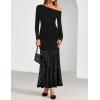 imageZESICA Womens Long Sleeve Off Shoulder Bodycon Dresses Fall 2025 Ruched Lace Wedding Guest Cocktail Formal Maxi DressBlack