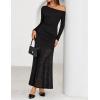 imageZESICA Womens Long Sleeve Off Shoulder Bodycon Dresses Fall 2025 Ruched Lace Wedding Guest Cocktail Formal Maxi DressBlack